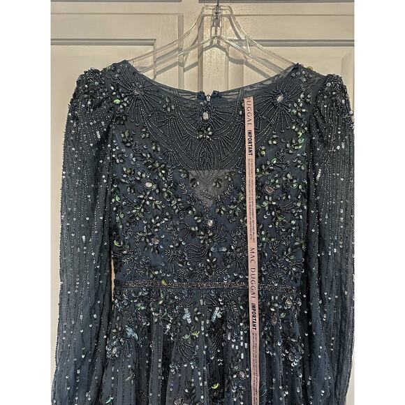 NWT Mac Duggal High Neck Size 6 Floral Embellished Puff Long Sleeve Midi Dress - Picture 6 of 16